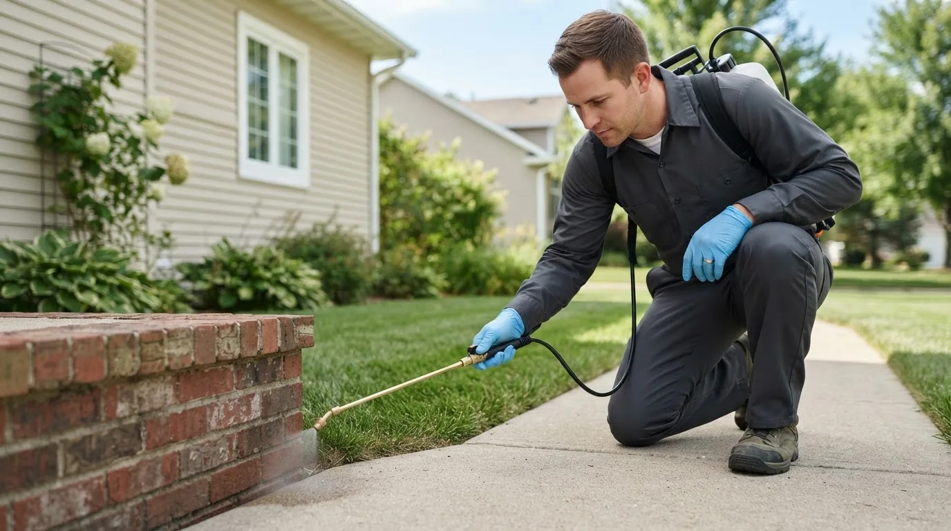 Pest control technician treating a home near Lisbon Falls, ME