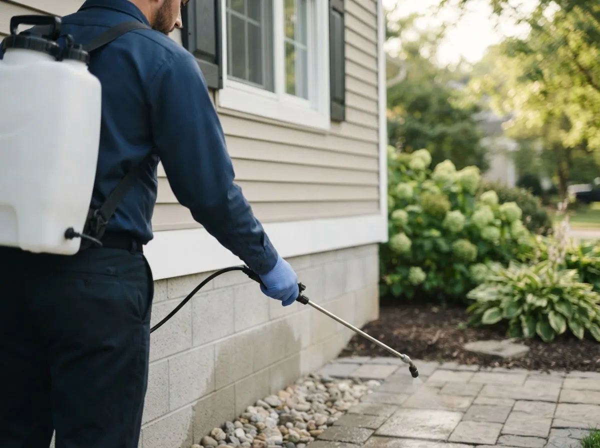 Pest control technician inspecting a home in Lisbon Falls, ME